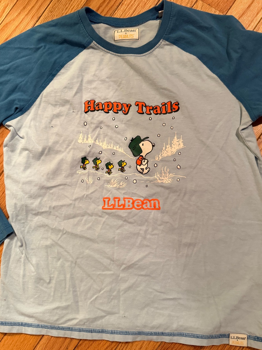 L.L. Bean x Peanuts Collab Light Blue & Teal Kids Raglan Tee with Snoopy Graphic